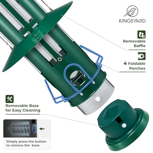 Kingsyard Squirrel Proof Bird Feeders for Outdoors Hanging | 4 Ports with Weight-Activated Perch, Chew-Proof Metal, Removable Easy-to-Clean Base, 3 lb Seed Capacity, Green - color: Dark Green