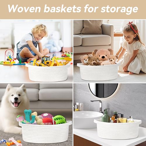 Pro Goleem Small Gift Basket with Gift Bags and Ribbon Woven Storage Basket | Durable Baskets for Gifts Empty Rope Basket for Storage 12"X 8" X 5" Baby Toy Bin with Handles, White - color: white