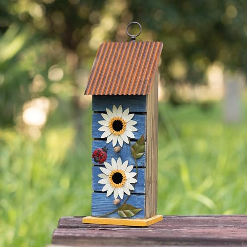 Glitzhome Bird Houses for Outside, 15" H Two-Tiered Wooden Bird House Patio Garden Hanging Birdhouse, Distressed Daisy Pet Cottage Decorative Birdhouse for Outdoors,Washed Blue - color: 15"H Blue
