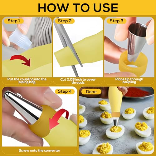 Deviled Egg Piping Tool – Reusable Piping Bag and Tips Set, 9 Piece Silicone Piping Bag Decorator & Filler Kit for Perfect Party Appetizers (Yolk Yellow)