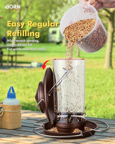 Bird feeders for Outdoors Metal Chew Resistant Brushed Coffee,1PK | Metal Roof, Metal Tray, Fixed Hanger, Flip-Top Fill, 3 Perches, Easy-Clean, 1.32lb - color: Coffee,1.5LB, 3Perches
