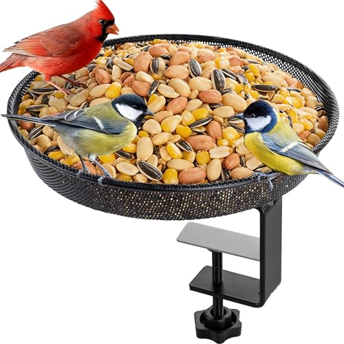 iBorn Deck Bird Feeders for Outdoors,Platform Bird Seed Tray with 5.5 lbs Capacity,Balcony Porch Railing Bird Feeder, Drainage Mesh Holes,Tilt-Proof, Windproof, Anti-Loosen, Easy to Refill&Clean,Black