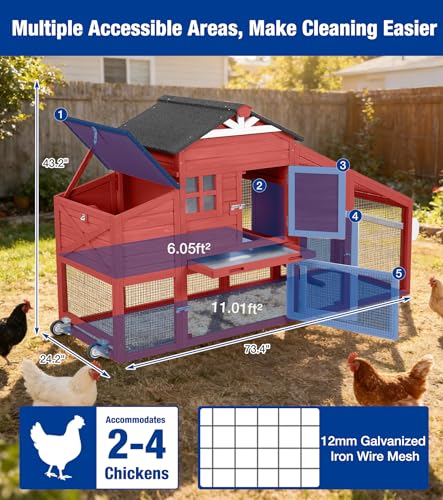 Mobile Chicken Coop with Run Outdoor Hen House with Slide-Out Tray Waterproof Roof Large Nesting Box 2 Perches Non-Slip Ramp Red - color: 73.4“L Red & White
