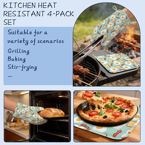 Heat Resistant Pot Holders and Oven Mitts,Funny Poached Eggs Extra Long Kitchen Oven Mitt Set,Cute Bread Cotton Lining Anti-Slip Waterproof Kitchen Mittens Hot Pan Holder for Baking Cooking Grilling - color: Funny Poached Eggs