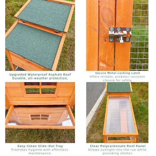 Mobile Chicken Coop with Wheels, Portable Hen House for 4-6 Chickens, Wood Outdoor Poultry Cage with Large Run, Waterproof Asphalt Roof, Side Nesting Box and Easy Clean Slide-Out Tray