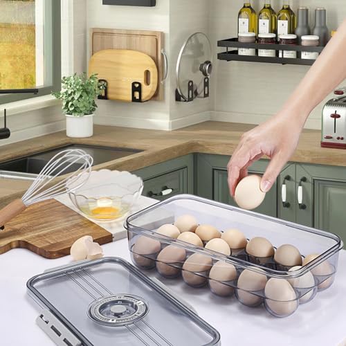 BSTKEY Egg Holder for Refrigerator, Egg Container with Time Scale, Egg Holder with Lid for Kitchen Storage, Stackable Tray for 18 Eggs - size: Hold 18 eggs