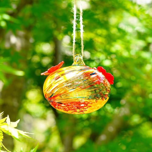 Exquisite Hand Blown Glass Hummingbird Feeders with 2 Feeding Ports for Outdoor, Leak Proof Design, Small Glass Hummingbird Feeders for Window Displays, Garden Beautification and Patio Decor - color: yellow