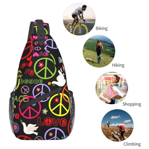 Abstract Hippie Peace Sign Flower 60s 70s Sling Backpack Crossbody Shoulder Bag Chest Bag Travel Chest Pack Casual Daypack For Women Men Hiking Sports Working - color: Black5