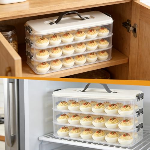 3-Layer Deviled Egg Container with Lid and Handle, Clear Plastic Deviled Egg Carrier for Fridge, Portable Stackable Eggs Holder Platter for Easter Party Picnics Camping Travel