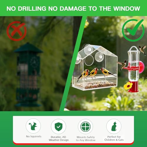 Window Bird Feeder with Hummingbird Waterer（2-Piece Set） - Extra-Large Window for Offer Easy Food & Water Access, Super-Strong Suction Cup, Easy Install & Clean, Sturdy Durable Outdoor Use - size: 2-piece set