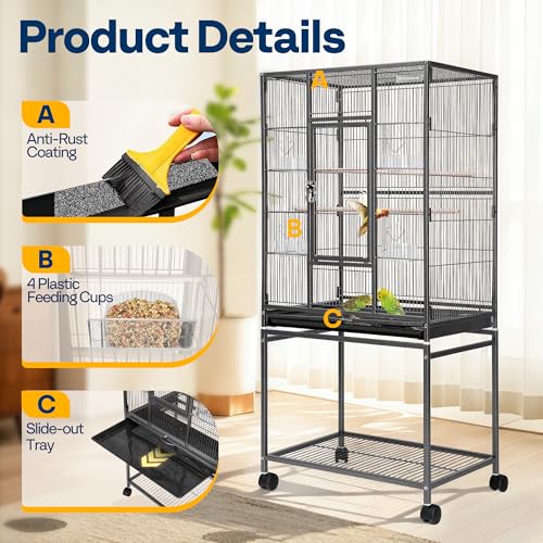 VIVOHOME 54 Inch Wrought Iron Large Bird Cage with Rolling Stand | Bird Flight Cage with Stand, Casters, Slide-out Tray for Parakeets Canaries Parrot Cockatiels Lovebirds Conures, Black - color: Black