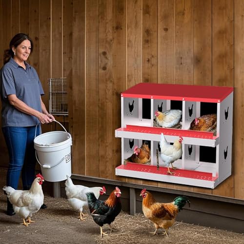 TrailBlaze Chicken Nesting Box 6 Compartments Laying Boxes, Metal Chicken Egg Laying Box with Rollout Egg Collection, Large Vented Holes Chicken Coop for Chickens, Hens (Red) - color: red, size: 6 holes
