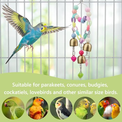 Hypeety Bird Bell Toy with Sweet Sound Cage Hanging Swing Bell for Parakeet | 3 brass bells with colorful beads, chewable for easy-hanging, encourages play and exercise, for small and medium bird, 8.27'' - color: Bell Toy-3 bells (A)