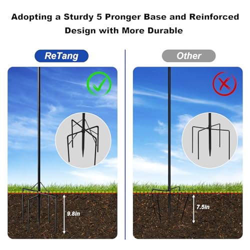 92" Double Shepherds Hook Heavy Duty, Metal Garden Plant Stand | 5-Prong ground base double shepherd hook with top platform bracket 0.75" rustproof tall pole for hanging plants & bird feeder