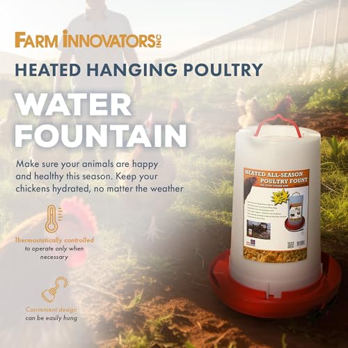Farm Innovators Thermostatically Controlled Heated 3 Gallon Plastic Outdoor Year Round Hanging Water Fountain for Poultry Watering, Red | Thermostatically controlled, foldable legs adjust to three different heights, keeps water from freezing down to 0° F