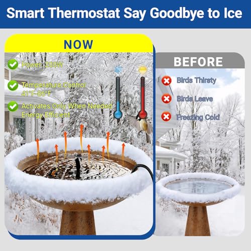 Upgrade Bird Bath Heater De-icer with Fountain Water Pump 200W Heated Bird Baths for Outdoors in Winter Thermostatically Controlled Upgrade 6ft Chew-Proof Cord for Garden Patio Backyard
