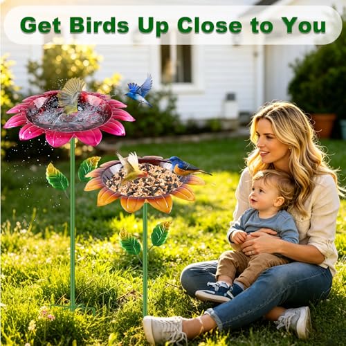 Bird Bath for Outside, 2 Pack 31.5 Inch Metal Bird Baths with Stake and Upgraded 5-Prong Base, Freestanding Sunflower Birdbath Birdfeeder Deep Water Bowl Feeder for Lawn Yard Garden Decor