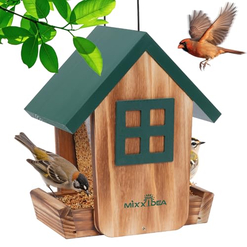 Wooden Hanging Hopper Bird Feeder for Outdoors with Weatherproof Roof Green | Bird House Feeder Attracts Various Wild Birds Cardinals, Bluebirds For Backyard, Yard And Patio Hanging Feeding - color: Green