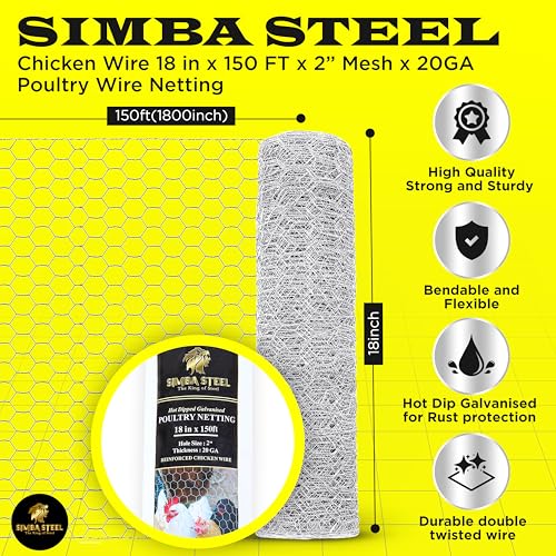 Chicken Wire 18 in x 150 FT x 2” Mesh x 20GA | Poultry Wire Netting | Hot Dipped Galvanised | Hexagonal Galvanized Mesh for Chicken Coop, Rabbit Cage, Fence Barrier PM18x150x2 - style: 18 in x 150 FT x 2 in