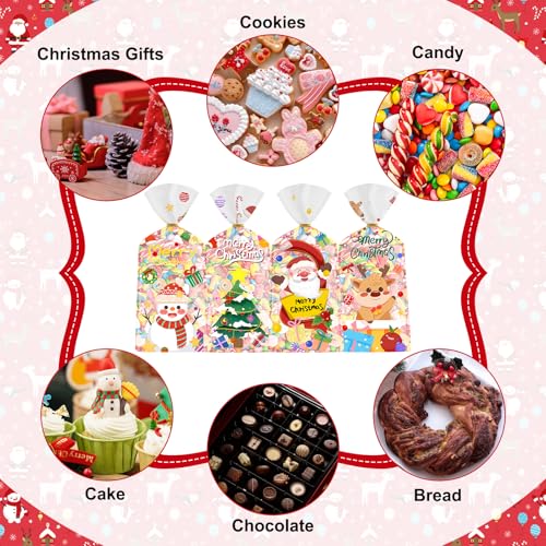 100 Pcs Christmas Treat Bags - Cute Merry Christmas Cellophane Bags, Plastic Christmass Gift Bags Bulk, Clear Winter Xmas Candy Cello Goodie Bag with Twist Ties for Xmas Party Favors Supplies - color: Christmas
