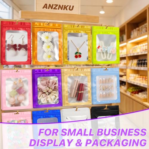 ANZNKU 100 Pcs Colorful Mylar Bags, Resealable Smell Proof Small Foil Pouch | 5Colors, 3.54x6.29", Frosted Clear Window, Plastic Packaging Bag for Small Business Candy Jewelry Treat, Seal Zip Baggies - color: 5 Colors -1, size: 3.54x6.29 inches