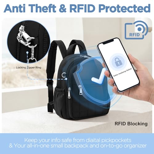Mini Backpack for Women, Anti Theft RFID Small Travel Backpack | Compact Backpack with Built-in RFID Wallet(5 Slots) & Coin Purse, 10-Pocket Fits 11" Tablet, Puffer Nylon, Daily & Work - color: Black