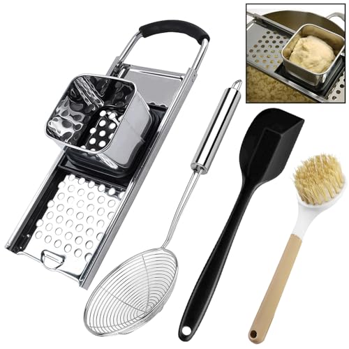 Premium Grade Stainless Steel Spaetzle Maker with Comfort Grip Handle, Stainless Steel Spider Strainer Skimmer Spoon with Cleaning Brush, Homemade German Egg Noodle Dumpling Making Tool Set