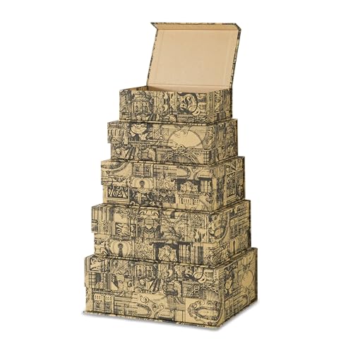 Soul & Lane - Vintage Voyage Decorative Boxes with Magnetic Lids, Set of 5 | Nesting Cardboard Keepsake Storage Boxes with Flip Closure, Large Antique Style Gift Organizers for Memories and Home Decor - color: Vintage Voyage