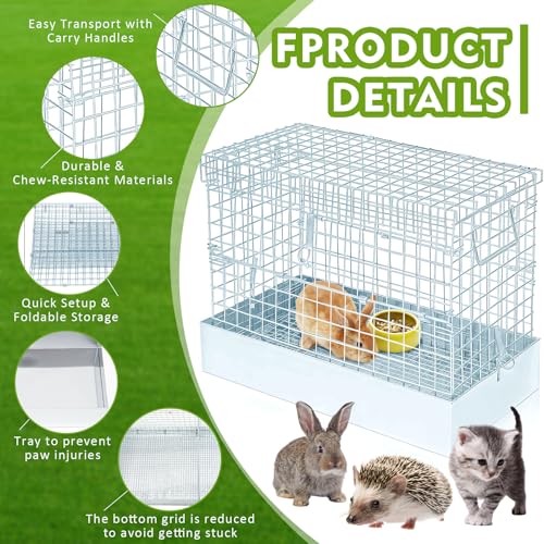 DoubleFill Folding One Hole Rabbit Transport Cage, Portable 18 x 10 x 14 in Rabbit Carrier with Tray and Handles for Travel Temporary Housing Indoor Outdoor Small Animal Enclosure - color: Sliver, size: 18.9"L x 14.0"W x 4.1"H