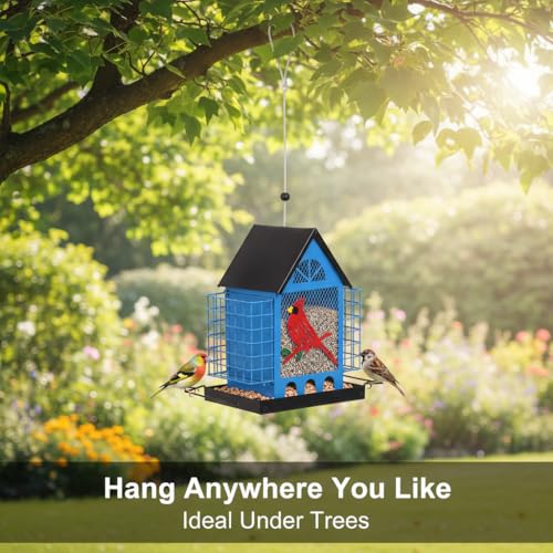 Blue House Metal Bird Feeder - 20" Hanging Wild Bird Feeder with Decorative Accents, Large Capacity Outdoor Birdfeeder for Cardinals and Songbirds, Perfect Garden Gift