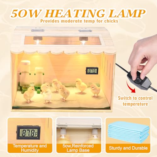 Wooden Chick Brooder Box Kit with Adjustable Dual Heater & Thermometer, Poultry Hatching Enclosure with 10 Pads, Feeder, Waterer - Natural Wood Brooder Heater for Baby Chicken, Quail, Ducklings