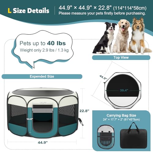 Portable Pet Playpen for Cat Dog: Foldable Cat Playpen Enclosed Up to 40lbs | Large Pop Up Indoor Outdoor Kennel for Puppy Kitten, Carry Case, Removable Zipper Top, 600D Oxford, Waterproof Base, Camping - style: L [44.9" × 44.9" × 22.8"]