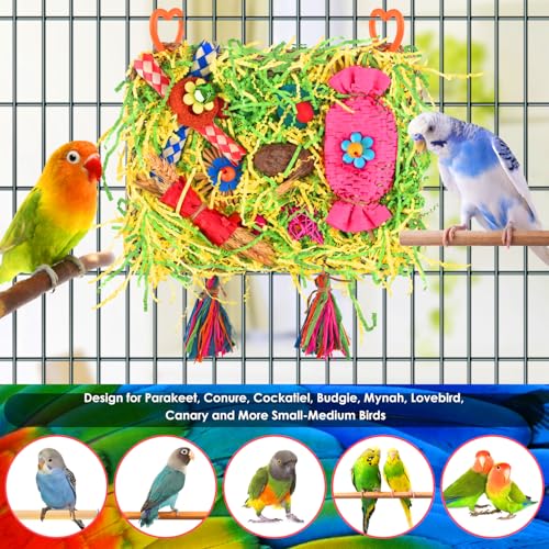 KATUMO Bird Toy, Large Size Grass Mat Foraging Shredding Hanging Toy | Natural Grass Mat, Easy to Hang, Relieve Boredom, Ideal for Cockatiel Conure Lovebird Parakeet Small and Medium Birds - style: Candy