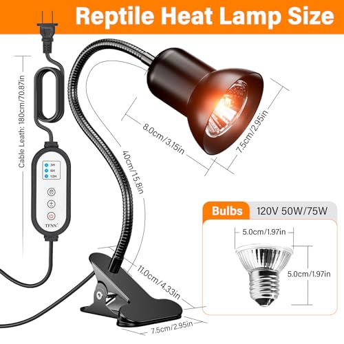 TFNN Reptile Heat Lamp, Heat Lamp with Clamp, UVA UVB Reptile Light with Intelligent Cycle Timer for Turtle, Bearded Dragon, Lizard and More, 2 Bulbs 50W+75W