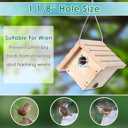 Dreyoo 1 Pack Wren House, 1-1/8'' Entrance Hole Hanging Wooden Wren Bird Houses for Outside with Metal Guard, Air Vents, Pine Wood for Chickadees (Wood) - color: Wood