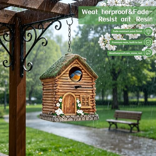 LAUGOKEBE Bird House for Outside, Rustic Cottage Hanging Birdhouse, Hand-Painted Resin Decorative Bird Nesting for Outdoors for Bluebird Finch Cardinals, Sparrow, Garden, Patio, Yard