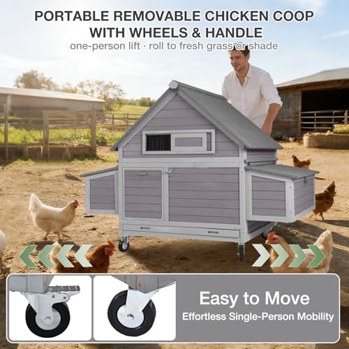 GUTINNEEN Large Chicken Coop with Wheels for 6-8 Chickens, Mobile Wooden Hen House with 2 Nesting Boxes, Removable Tray, Weatherproof Roof, Expandable Outdoor Poultry Cage - size: 67.3"L x 40"W x 49.8"H