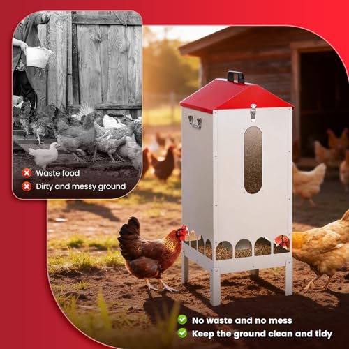 70-85lbs Automatic Chicken Feeder No Waste Gravity Poultry Feeder | Large Capacity Galvanized Chicken Food Dispenser with 16 Ports and Visible Feed-Level, for Duck, Goose,Turkey, Tapered Lid