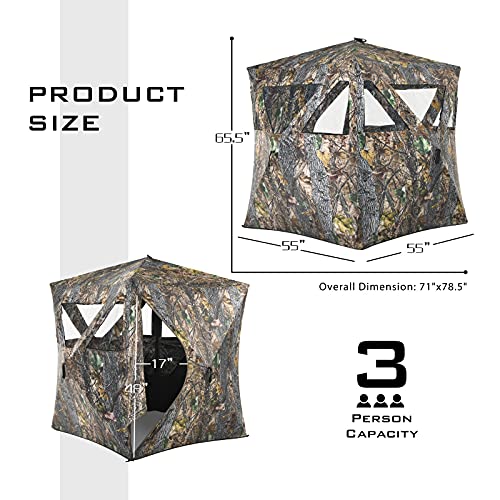 Tangkula 3 Person Pop up Ground Blind, Portable Hunting Blind with Mesh Windows, Carrying Bag & Ground Stakes, Camouflage Hunting Tent with Hub System, Camo Deer Blinds for Hunting - style: Triangular window