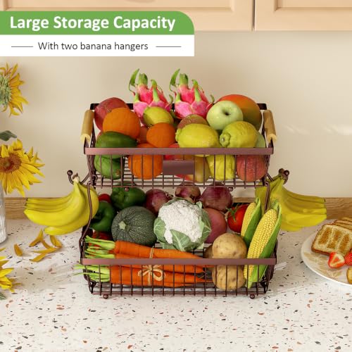 2 Tier Fruit Basket for Kitchen Counter with 2 Banana Hangers, Countertop Metal Bread Basket with Wooden Handle, Large Storage Stand for Vegetables, Snacks, Eggs, Produce Storage – Brown - color: Brown, size: 2 Tier