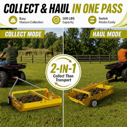 GRIND MODE 2-in-1 Horse Paddock Cleaner & Tow-Behind Trailer, Heavy Duty Manure Fork & Scoop, Efficient Yard Sweeper for Horse Manure, Drag Collector for Pasture/Yard Easy Cleanup - color: Yellow, size: Upgraded Chain Drag