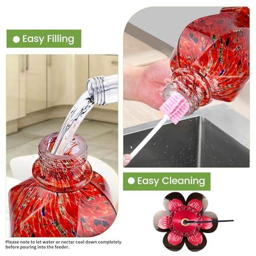 Hummingbird Feeders for Outdoors Hanging, Hand Blown, Red, 22oz | Glass Hummingbird Feeder with Ant Moat, 5 Bee-Proof Ports, Leak-Proof, 360° Perch, Garden Decor, Gifts for Women Men Mom Dad - color: Red