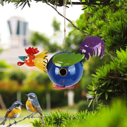 37" Bird Houses for Outside, Outdoor Metal Rooster Birdhouse with Hanging String & Poles for Patio, Yard, Garden - style: Rooster