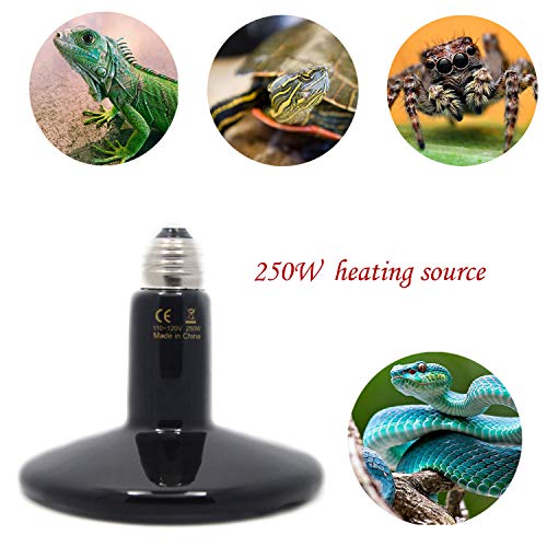 250 Watt Reptile Heat Lamp Bulb, No Light Infrared Ceramic Heat Emitter for Pets Terrarium Brooder Coop, Lizard, Aquarium, Lambs, Snake, Amphibian, Black - color: Black