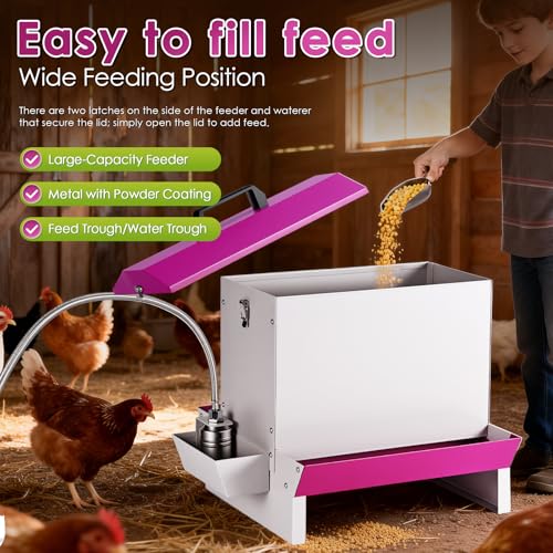 25Lb Metal Chicken Feeder and Waterer Set Automatic No Waste Galvanized Poultry Duck Feeder with Auto Water Dispenser for Outdoor Coop