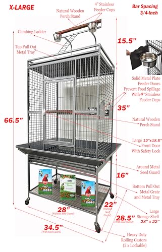 X-Large Elegant and Durable Wrought Iron Play Ground Perch Stand Top Climbing Ladder Bird Parrot Rolling Metal Cage with Around Seed Guard Storage Shelf On Heavy Duty Lockable Rolling Wheels - size: 28" x 22" x 66.5"H