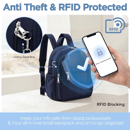 Mini Backpack for Women, Anti Theft RFID Small Travel Backpack | Compact Backpack with Built-in RFID Wallet(5 Slots) & Coin Purse, 10-Pocket Fits 11" Tablet, Puffer Nylon, Daily & Work - color: Navy Blue