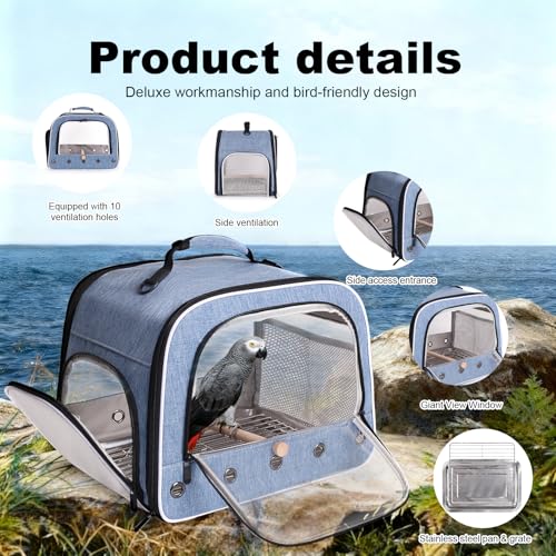 Large Bird Carrier Backpack, Portable Travel Carrier Cage Bag with Standing Perches Metal Tray and Grate (Blue, Large Carrier) - color: Blue