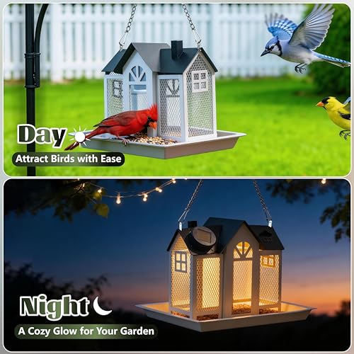 Solar Bird Feeder for Outdoors Hanging –Bird Feeders with Solar Light | Heavy Duty Metal Wild, with 5 Bird ID Cards, Chew Resistant Seed Feeder for Cardinal, Unique Gifts for Mom