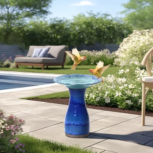 LuxenHome 20" Ceramic Bird Bath for Outside, Glazed Blue Outdoor Bird Bath | For Outdoor Use; Features a Glazed Cobalt Blue Finish, Leaf Pattern Basin, Lightweight Ceramic Design, and Tall Pedestal Base - color: Navy Blue